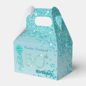 Beautiful Teal Blue Glitter Ribbon 50th Birthday フェイバーボックス (正面サイド)