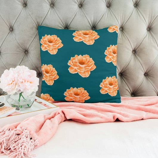 Beautiful teal vibrant peachy flowers pillow  クッション
