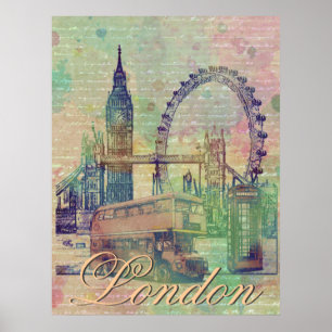 Beautiful trendy Vintage London Landmarks ポスター