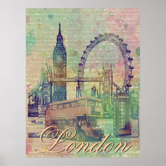 Beautiful trendy Vintage London Landmarks ポスター (正面)
