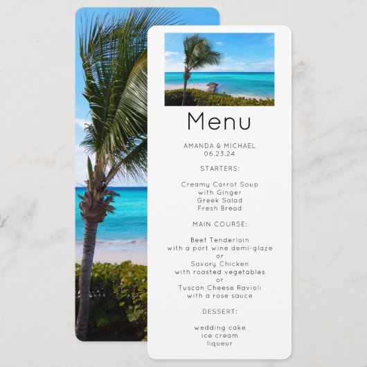 Beautiful Tropical Beach Breezy Palm Tree Menu 招待状 (正面/裏面)