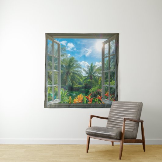 Beautiful Tropical Scenic Window Square タペストリー (インサイチュ)