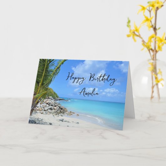 Beautiful Turquoise Tropical Beach  Birthday カード (黄色い花)