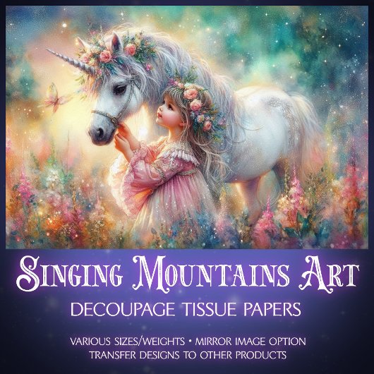 Beautiful Unicorn Little Girl Fantasy Decoupage 薄葉紙