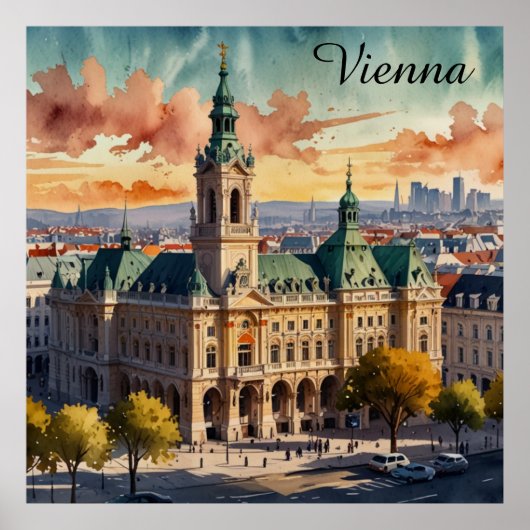 Beautiful Vienna Austria Watercolor City Painting  ポスター (正面)