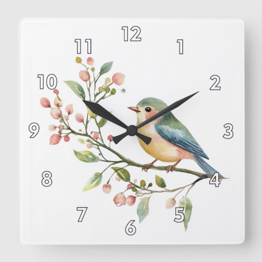 Beautiful Watercolor Bird スクエア壁時計 (正面)