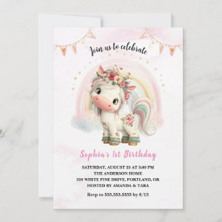 Beautiful Watercolor Floral Unicorn Birthday Invit 招待状