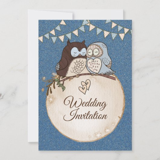 Beautiful Wedding Blue Brown Owl Glitter 招待状 (正面)