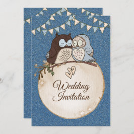 Beautiful Wedding Blue Brown Owl Glitter 招待状