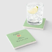 Beautiful Wedding green peach flowers heart ストーンコースター (横)