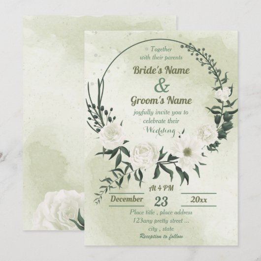 beautiful white floral greenery wreath wedding 招待状 (正面/裏面)