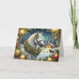 Beautiful White Horse and Christmas Wreath シーズンカード