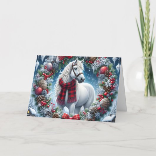 Beautiful White Horse Wearing Plaid Scarf シーズンカード (正面)