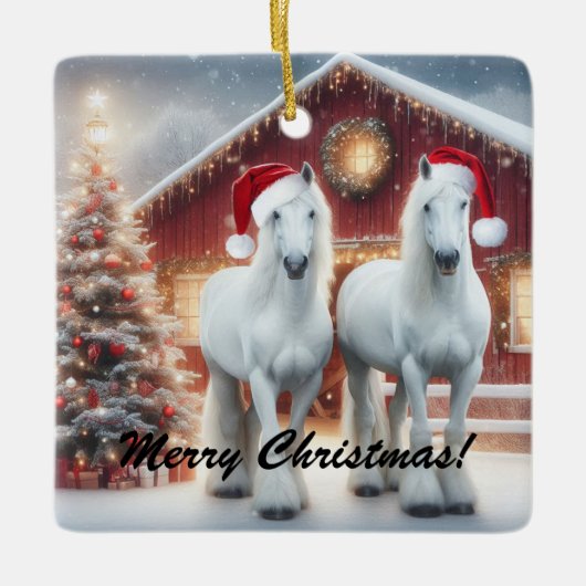 Beautiful White Horses wearing a santa hats セラミックオーナメント (正面)