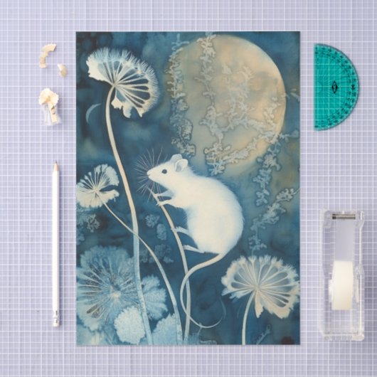 Beautiful White Mouse Cyanotype Printing 薄葉紙 (クラフト)