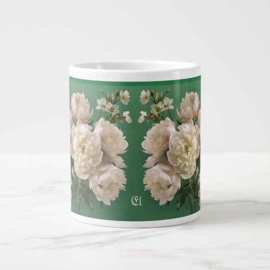 Beautiful White & Pink Peonies Name Monogram ジャンボコーヒーマグカップ (正面)