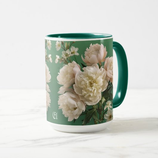 Beautiful White & Pink Peonies Name Monogram マグカップ (正面右)