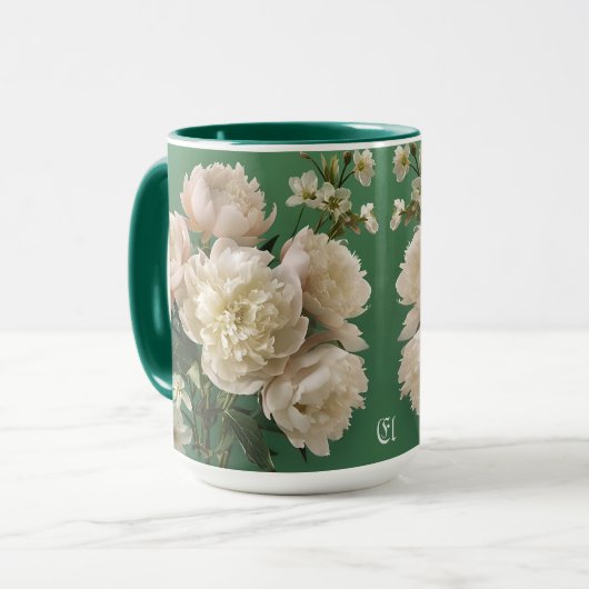 Beautiful White & Pink Peonies Name Monogram マグカップ (正面左)