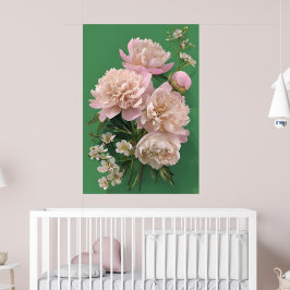 Beautiful White & Pink Peonies On Green Background ポスター