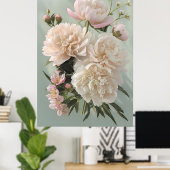 Beautiful White & Pink Peonies On Green Background ポスター (ホームオフィス)