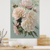 Beautiful White & Pink Peonies On Green Background ポスター (キッチン)
