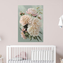 Beautiful White & Pink Peonies On Green Background ポスター