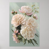 Beautiful White & Pink Peonies On Green Background ポスター (正面)