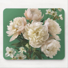 Beautiful White & Pink Peonies On Green Background マウスパッド