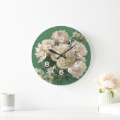 Beautiful White & Pink Peonies On Green Background ラージ壁時計 (ホーム)