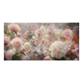 Beautiful White & Pink Peonies Watercolor Painting ポスター