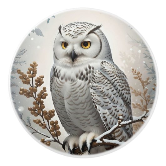 Beautiful White Snowy Owl Winter Theme セラミックノブ (正面)