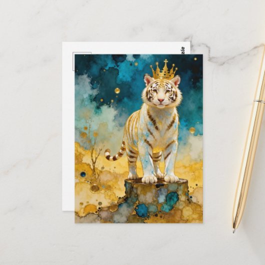 Beautiful White Tiger in a Gold Crown ポストカード (正面/裏面インサイチュ)