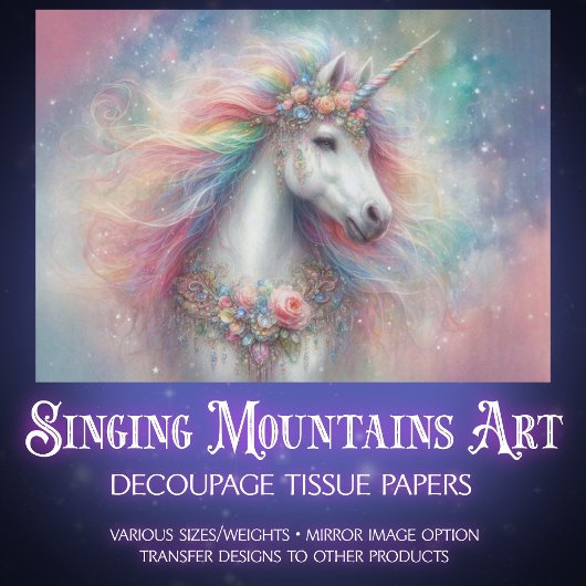 Beautiful White Unicorn Rainbow Mane Decoupage 薄葉紙