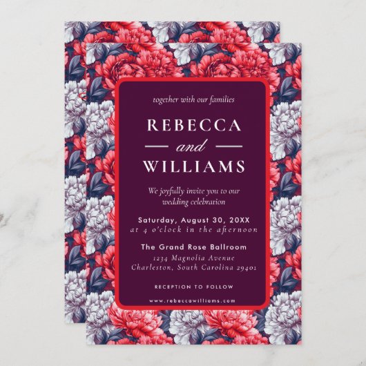 Beautiful Wildflower Peonies Flower Wedding 招待状 (正面/裏面)