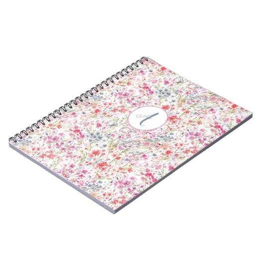 Beautiful Wildflower Watercolor Pattern Monogram ノートブック (左側)