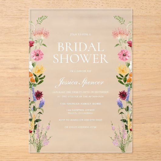 Beautiful Wildflowers Summer Spring Bridal Shower アクリル招待状 (正面)