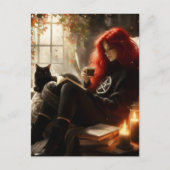 beautiful witch and cat enjoying tea and a book ポストカード (正面)