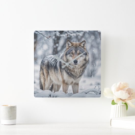 Beautiful Wolf in the Snow Wildlife スクエア壁時計 (ホーム)