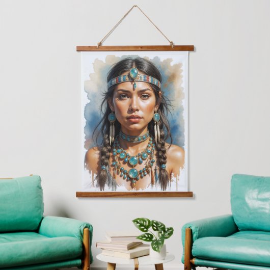 Beautiful Woman Boho Native American With Jewelry 吊り下げ型タペストリー (リビング)