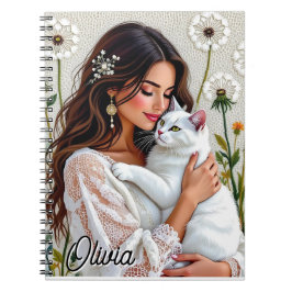 Beautiful Woman, Cat and Dandelions Personalized ノートブック