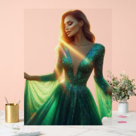 Beautiful Woman in a Green Dress on a 18x24  アクリルサイン