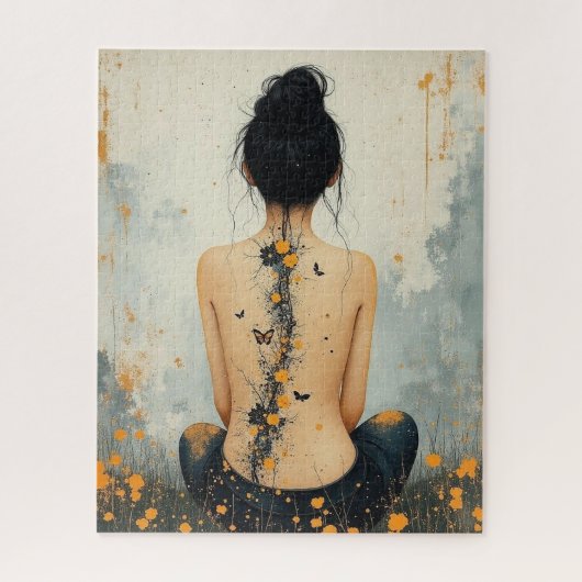 Beautiful Woman, Ink, Wildflowers and Butterflies ジグソーパズル (縦)