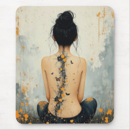 Beautiful Woman, Ink, Wildflowers and Butterflies マウスパッド