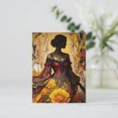 Beautiful Woman Red Dress Yellow Roses ポストカード (スタンド正面)