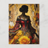 Beautiful Woman Red Dress Yellow Roses ポストカード (正面)