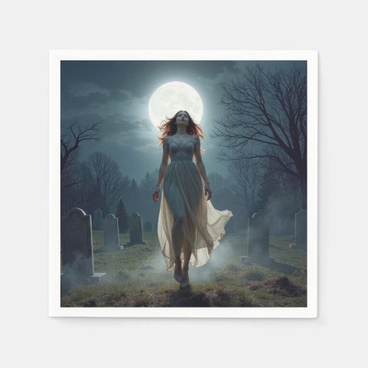 Beautiful Woman Walking In a Moonlit Cemetery スタンダードカクテルナプキン (正面)