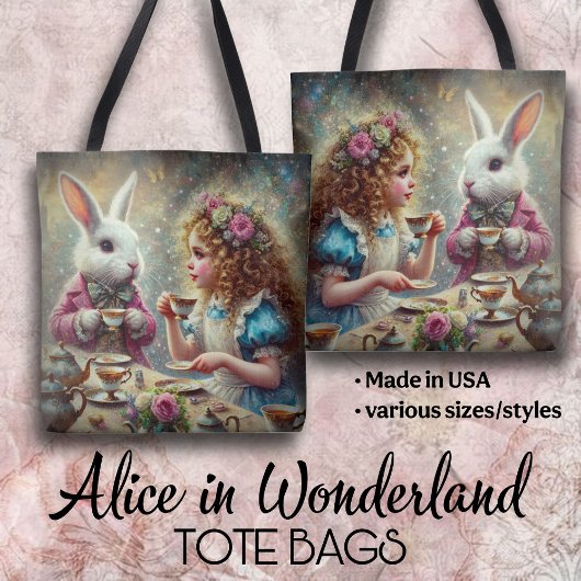 Beautiful Wonderland Tea Party Alice & Rabbit トートバッグ