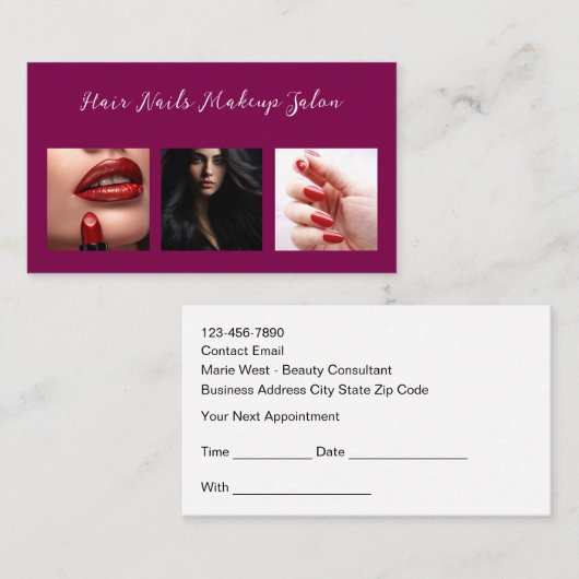 Beauty Nails Hair Makeup Salon Appointment Cards 名刺 (正面/裏面)