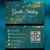Beauty Salon Gold Glitter Teal QR Code 名刺