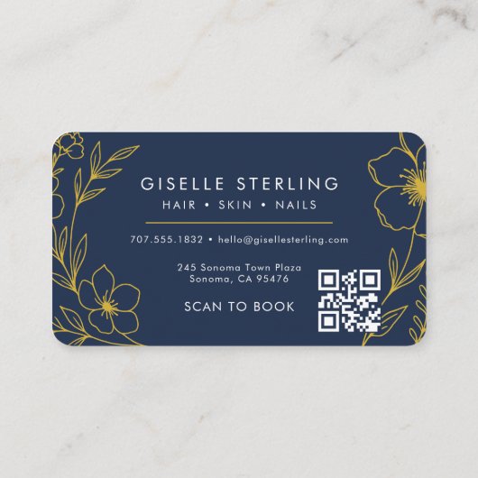 Beauty Salon Navy Blue Gold QR Code Professional 名刺 (裏面)